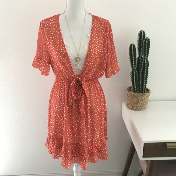 boutique Dresses & Skirts - boutique deep v dress boho mini dress burnt orange dot print medium or large
